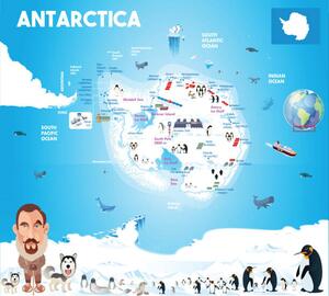 Illustration Map of Antarctica with Penguins and, drmakkoy