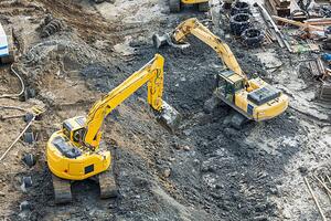 Illustration Aerial view of diggers at construction site, Don Mason