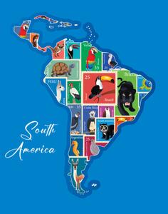 Illustration South America Animals Stamp Map, drmakkoy