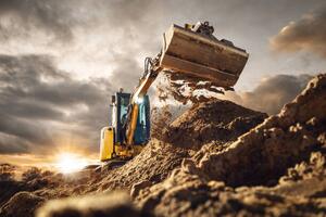 Illustration Excavator scooping dirt in front of a dramatic sky, photoschmidt