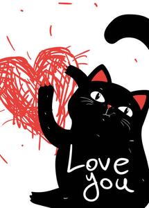 Illustration Black sarcastic grumpy cat scratched heart,, Marianna Pashchuk