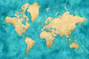 Karta Detailed world map with cities in gold and teal watercolor, Lexy, Blursbyai