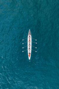 Fotografi Rowboat on the ocean as seen from above, France, Abstract Aerial Art, (26.7 x 40 cm)