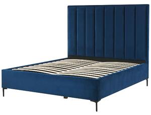 Sovrumsset Marinblå Sammet Stoppad Dubbelsäng med Förvaring 140 x 200 cm 2 Sängbord Beliani