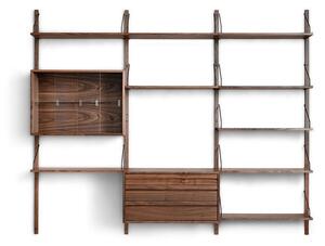 Dk3 - ROYAL SYSTEM® - Hyllsystem - Combination 13 - Vange: 3,4 x 1,9 x 200 cm - Hylde: 80 x 24 x 1,9 cm - Modul med 3 skuffer: 80 x 38 x 42,4 cm - Højt modul med skydedøre: 80 x 24 x 56 cm