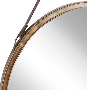 Väggspegel Guld Sliten Metall Konstläderrem Rund 60 cm Dekorativ Hängande Accentstycke Modern Beliani