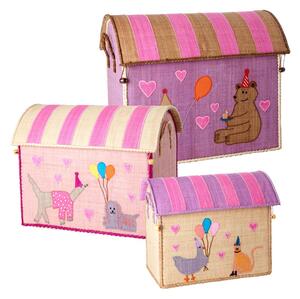 Rice - Raffia Toy Baskets - Set Of 3 - Förvaringslåda för barn - Pink Party Animal Theme - S: 33 x 24 x 36,5 / M: 45 x 38 x 33 / L: 50 x 40 x 33 cm