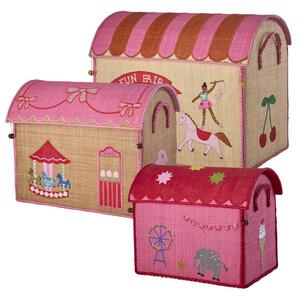 Rice - Raffia Toy Baskets - Set Of 3 - Förvaringslåda för barn - Fun Fair Theme - Pink - S: 33 x 24 x 36,5 / M: 45 x 38 x 33 / L: 50 x 40 x 33 cm