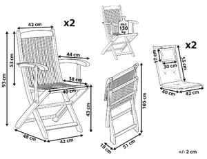 Trädgårdsstol 2 st Ljust Akaciaträ med Blå Dyna Hopfällbar Rustik Design Beliani