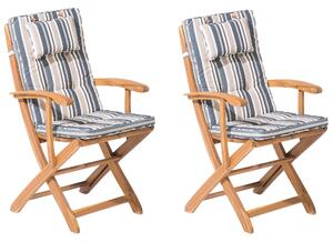 Trädgårsstol 2 st Ljust Akaciaträ med Mörkblåa/Beigea Dynor Hopfällbara Rustik Design Beliani