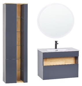 Badrumsmöbelset i 3 delar Grå MDF med Keramik Vask Väggmonterad Hög Sminkbyrå Rund LED Spegel Beliani