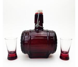 Kit 1x glas bottle in barrel shape och 2x snappsglas clear, röd färg