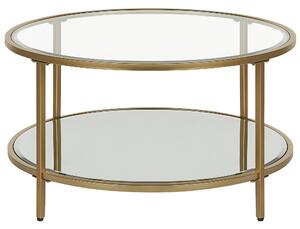 Soffbord Guld Härdat Glas Järn 70 cm med Hylla Rund Glam Modern Vardagsrum Möbler Beliani