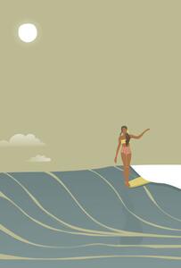 Illustration Surfer girl full moon retro style vector, LucidSurf