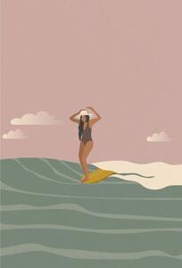 Illustration Surfer girl on a longboard surfboard,, LucidSurf
