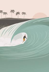 Illustration Surfer in the barrel wave, pastel, LucidSurf