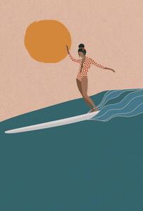 Illustration Female Longboard Surfer riding the wave,, LucidSurf