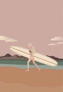 Illustration Surfer girl walking on the beach, LucidSurf