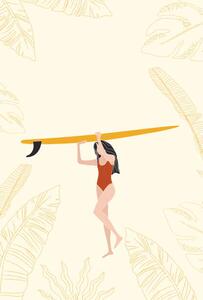 Illustration Surfer Girl Holding the Longboard Surfboard,, LucidSurf