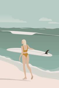Illustration Surfer Girl Walking on the Beach,, LucidSurf