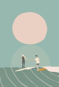 Illustration A surf couple surfing on the longboard surfboards, LucidSurf
