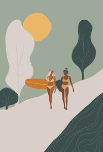 Illustration Surfer Girls walking with the surfboards, LucidSurf