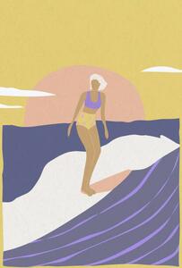 Illustration Surfer girl on a longboard, surfing, LucidSurf