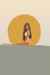 Illustration Surfer girl at sunset sitting on, LucidSurf