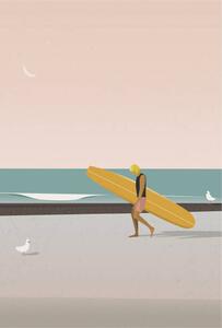 Illustration Longboard surfer walking on the beach, LucidSurf