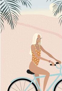 Illustration Surfer girl in bikini on bicycle, LucidSurf
