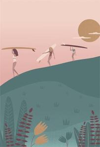 Illustration Surf girls walking with the longboards, LucidSurf