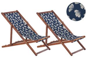 Uppsättning av 2 Solstolar Mörkt Akaciaträ Ram Flamingo Motiv Tyg Justerbar Hopfällbar Beliani