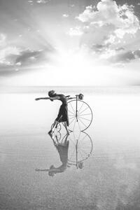 Konstfotografering Ballerina dancing with old bicycle on the lake, 101cats, (26.7 x 40 cm)