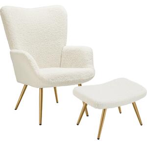 Tectake 405597 fåtölj hygge, ergonomisk, bärförmåga 150 kg - med pall, bouclé kräm/guld