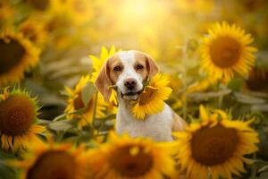 Fotografi Beagle in sunflower field, Iwona Wojtowicz / 500px