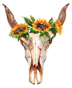 Fotografi Watercolor isolated bull's head with flowers, Helen_Field