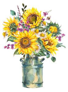 Fotografi Watercolor rustic farmhouse sunflower bouquet, vintage, Varvara Kurakina
