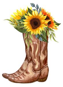 Fotografi Watercolor Flowers in boots. Cowboy boot, BarvArt