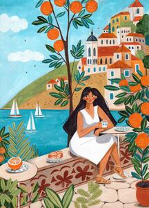 Illustration Travel poster woman in Mediterranean coast, Caroline Bonne Muller