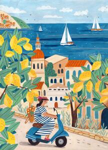 Illustration Travel poster woman on the Amalfi coast, Lorenzo A Roe