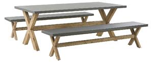 8-sits Utomhus Trädgårdsmöbler Bord och 2 Bänkar i Grå Färg av Fibercement och Ljusa Ben av Acaciaträ i Modern Stil Beliani