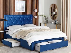 Dubbelsäng med Förvaring Blå Sammetsklädsel 160 x 200 cm Tuftad Hög Sänggavel Lådor Glam Design Beliani