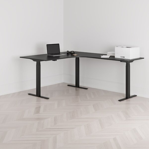 Höj och sänkbart hörnskrivbord, högersvängt, svart stativ, svart bordsskiva 160x200cm