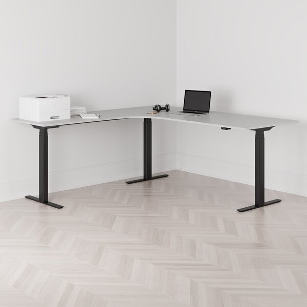 Höj och sänkbart hörnskrivbord, vänstersvängt, svart stativ, grå bordsskiva 200x200cm