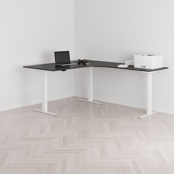 Höj och sänkbart hörnskrivbord, högersvängt, vitt stativ, svart bordsskiva 160x200cm