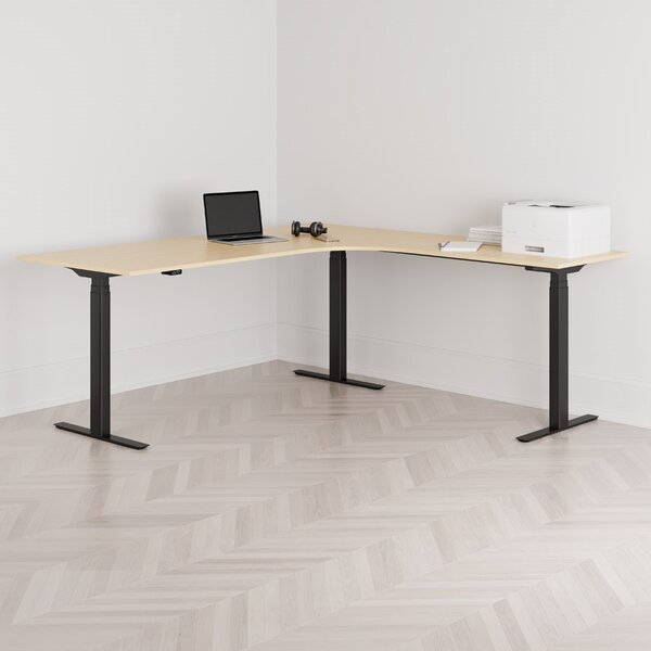 Höj och sänkbart hörnskrivbord, högersvängt, svart stativ, björk bordsskiva 200x200cm