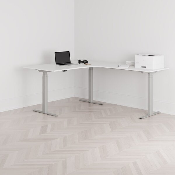 Höj och sänkbart hörnskrivbord, högersvängt, grått stativ, vit bordsskiva 160x200cm