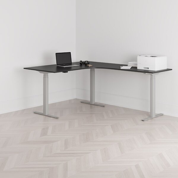 Höj och sänkbart hörnskrivbord, högersvängt, grått stativ, svart bordsskiva 160x200cm