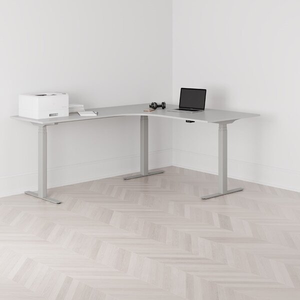 Höj och sänkbart hörnskrivbord, vänstersvängt, grått stativ, grå bordsskiva 160x200cm