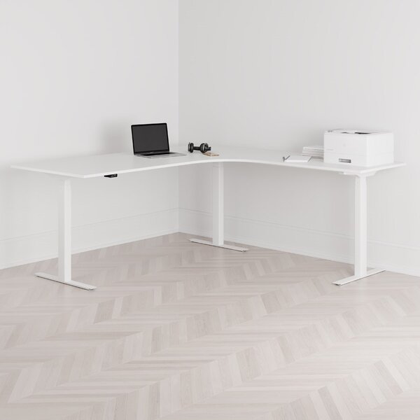 Höj och sänkbart hörnskrivbord, högersvängt, vitt stativ, vit bordsskiva 200x200cm